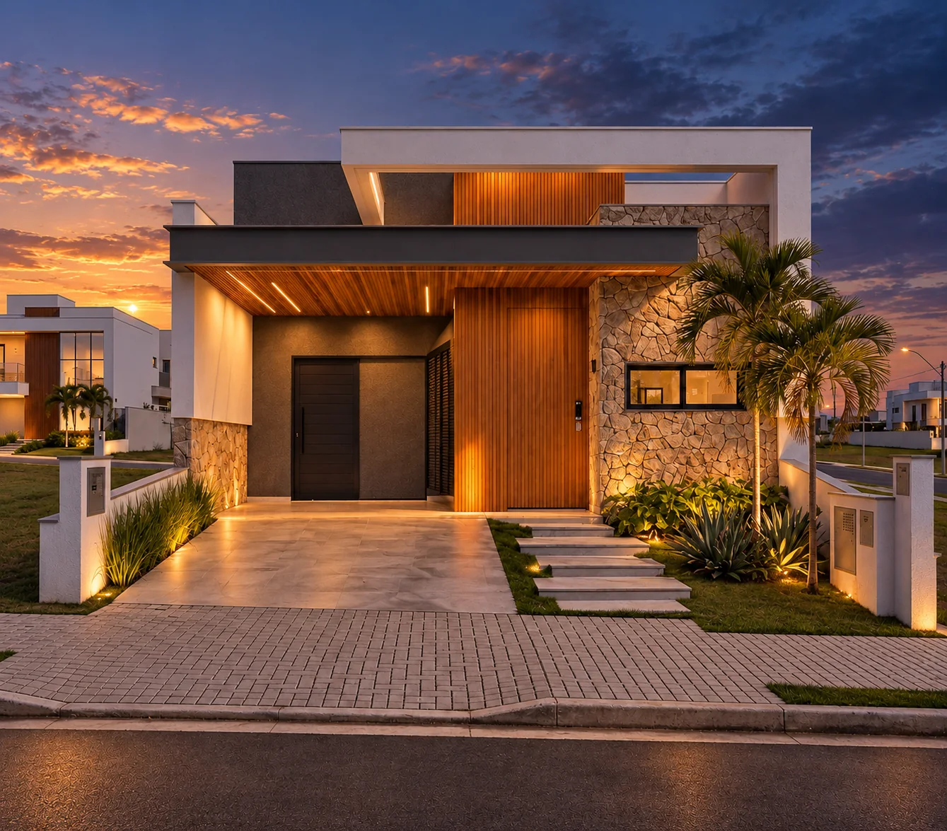 Visualização artística da fachada da Casa Nápole ao entardecer