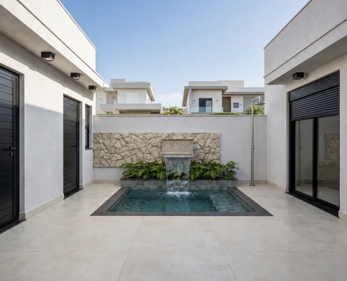 Visualização de projeto: pátio e piscina da Casa Nápole